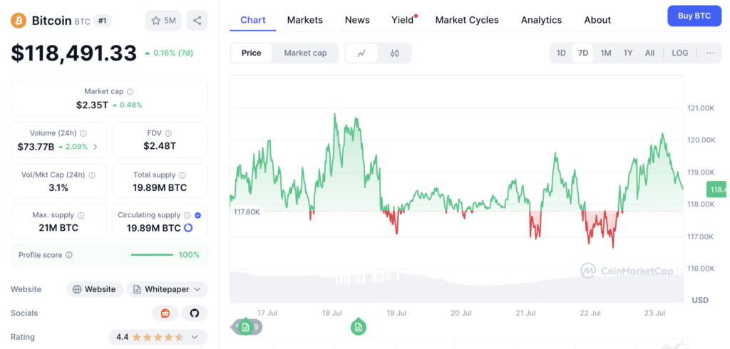 نمودار قیمت و اطلاعات بازار بیت کوین - منبع: CoinMarketCap